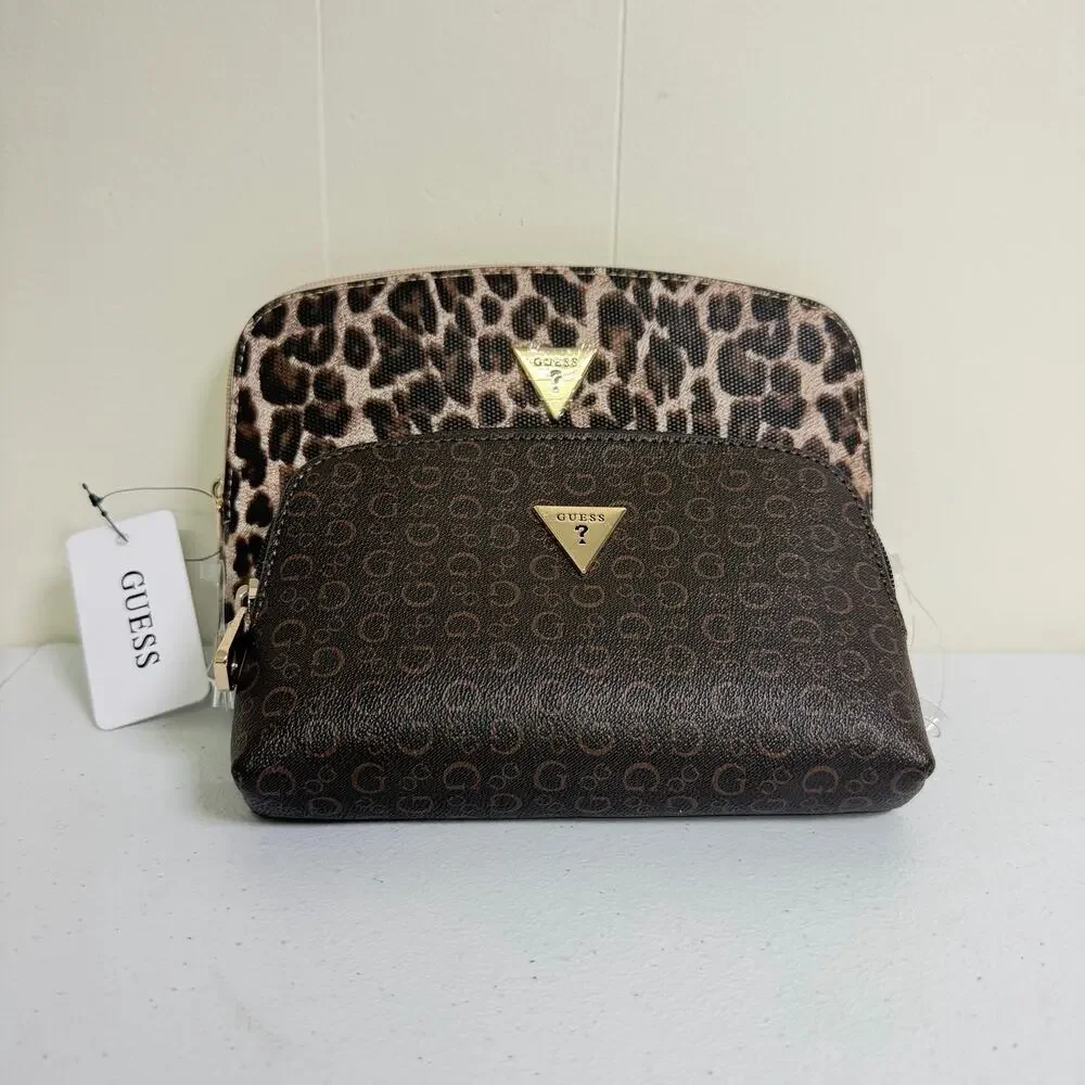 GUESS Travel Cosmetic Makeup Bag Brown Monogram Leopard Print Pouch
